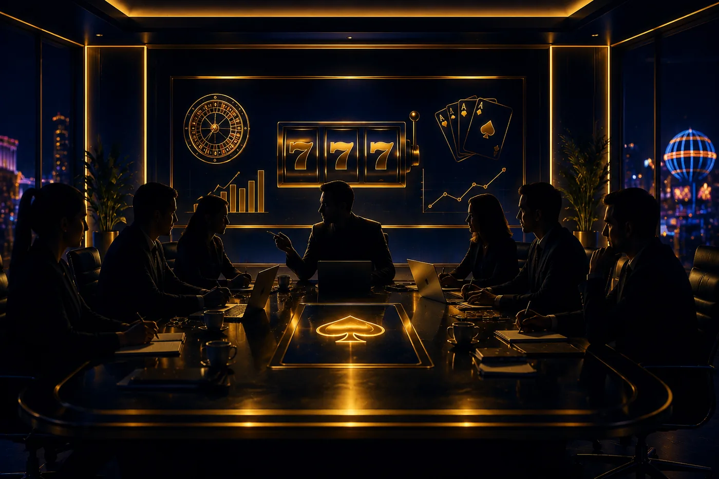 Zula Casino Canada editorial team boardroom silhouettes with gold lighting