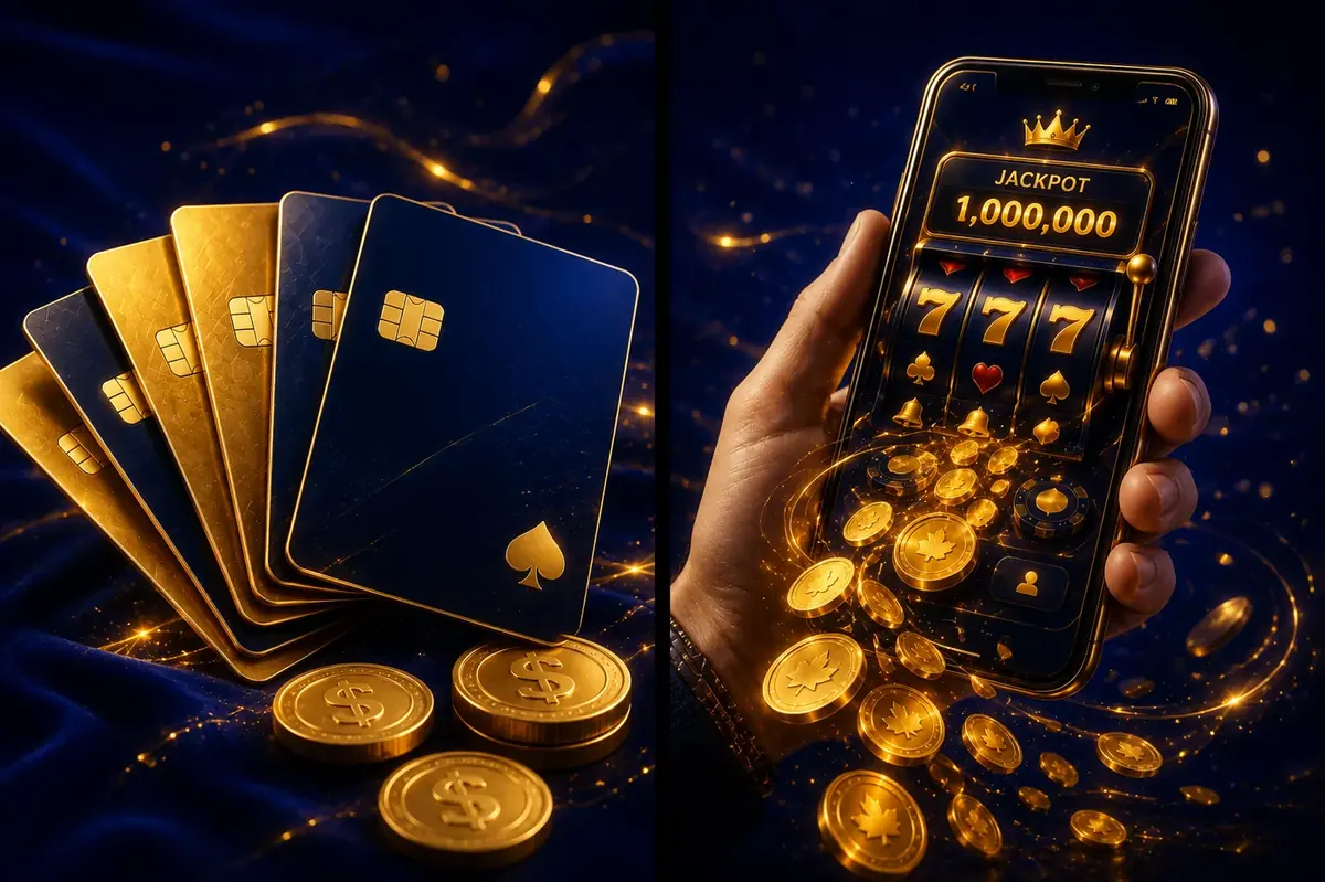 Fanned gold credit cards and coins for Zula Casino Canada Interac banking
