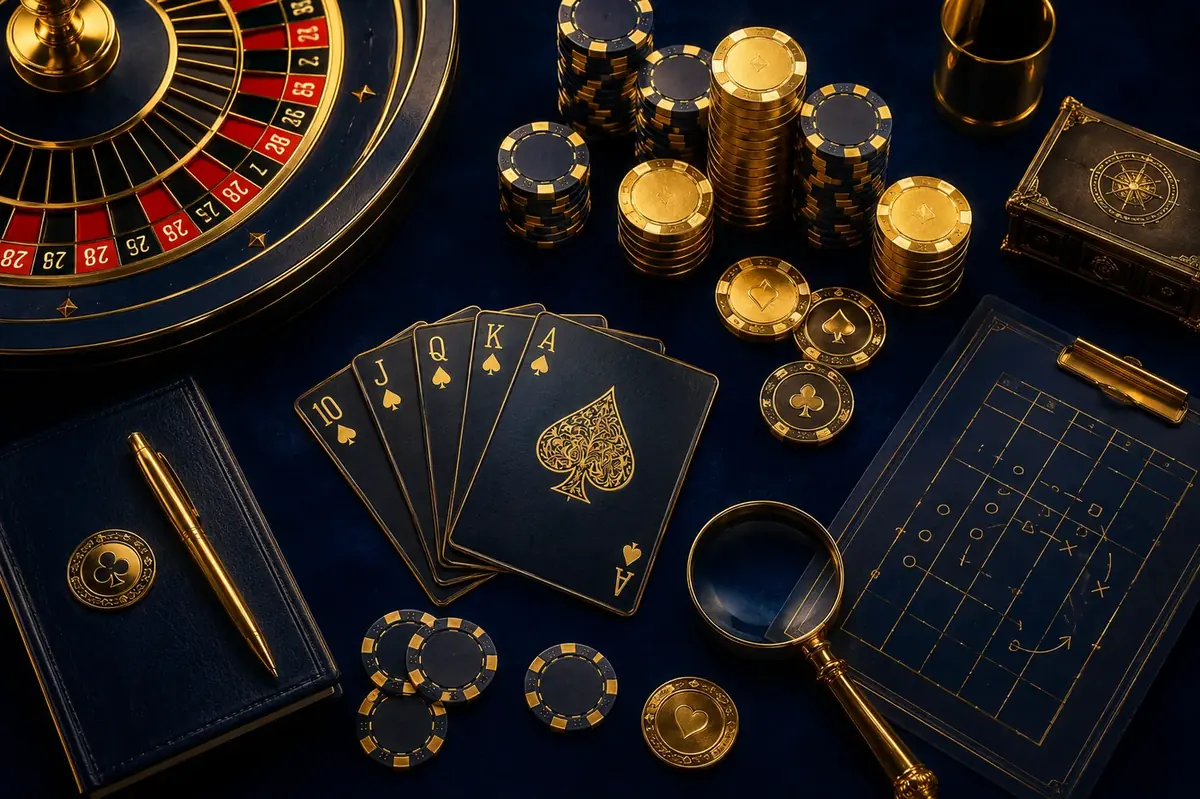 Casino strategy guide with blackjack cards roulette wheel and chips at Zula Casino Canada
