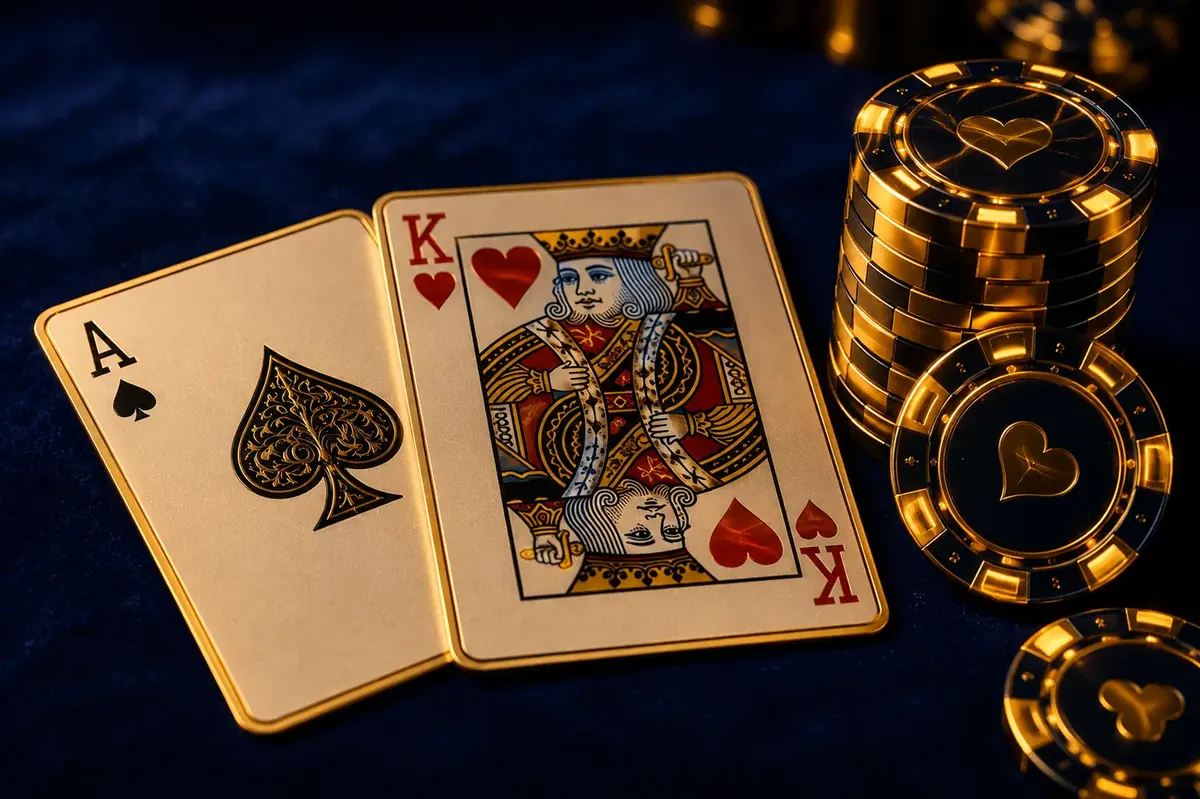 Blackjack basic strategy chart with cards and chips on green felt