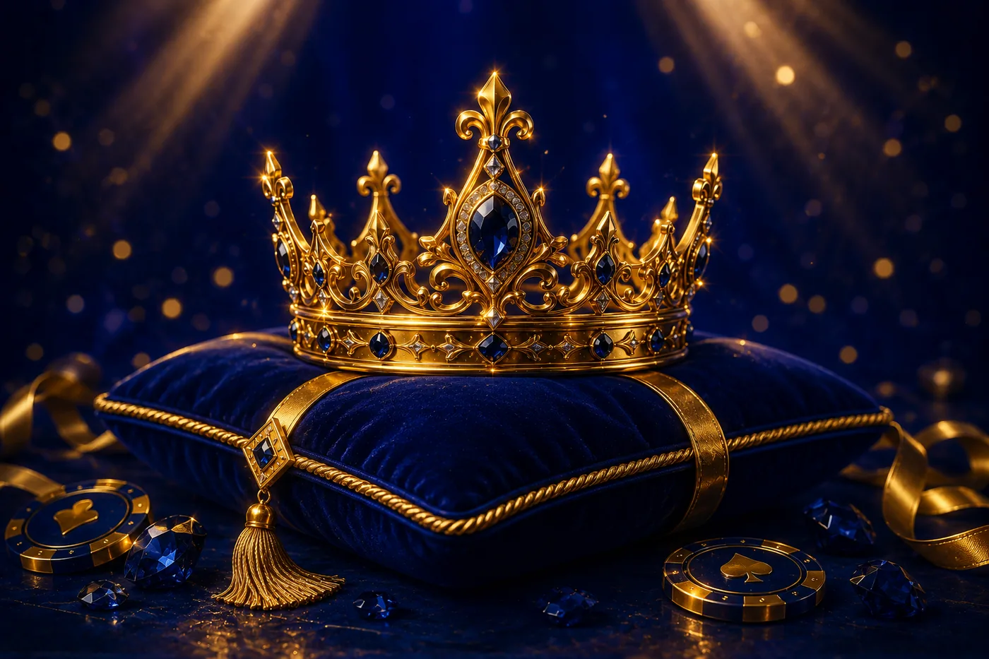 Gold crown on navy velvet cushion representing Zula Casino Canada VIP club